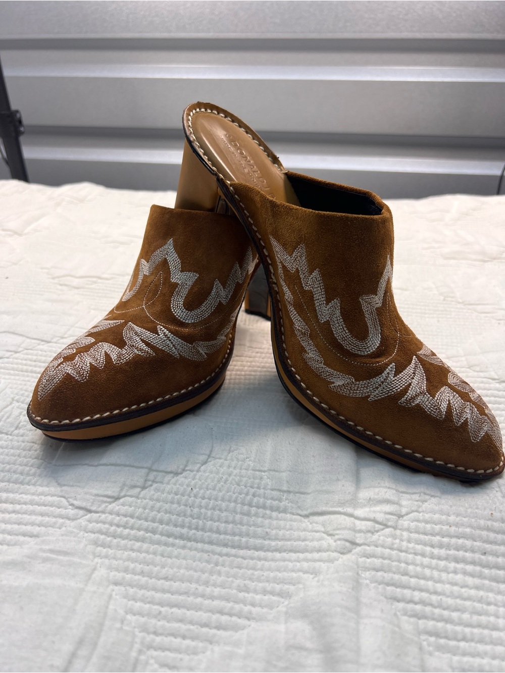 Donald J. Pliner Tan Suede Embroidered Mule Heels